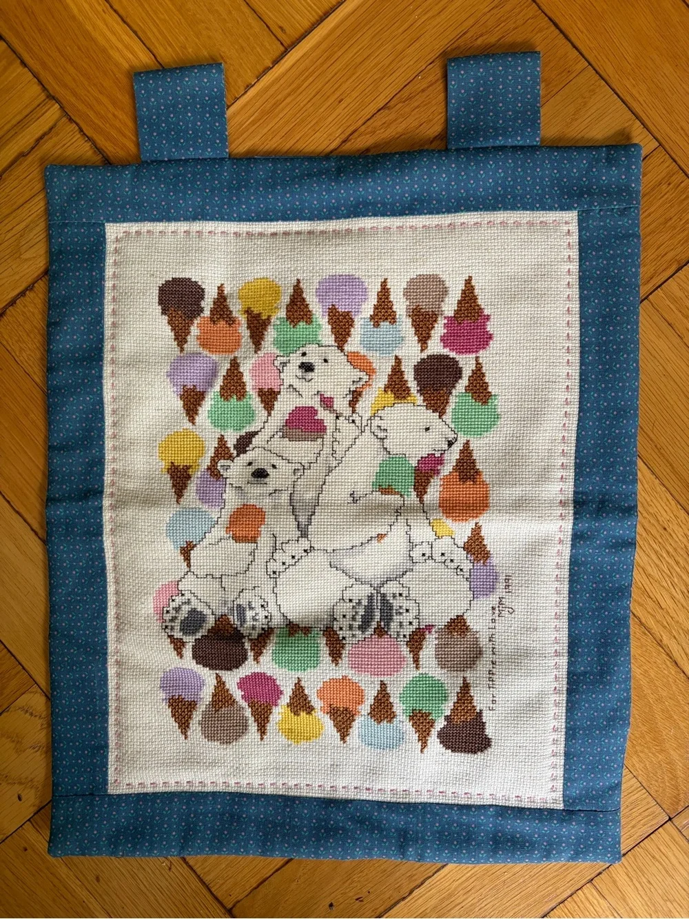 Vintage Cross Stitch Cloth Wall Hanging w. Polar Bears & Ice Cream. Pastels. 90s